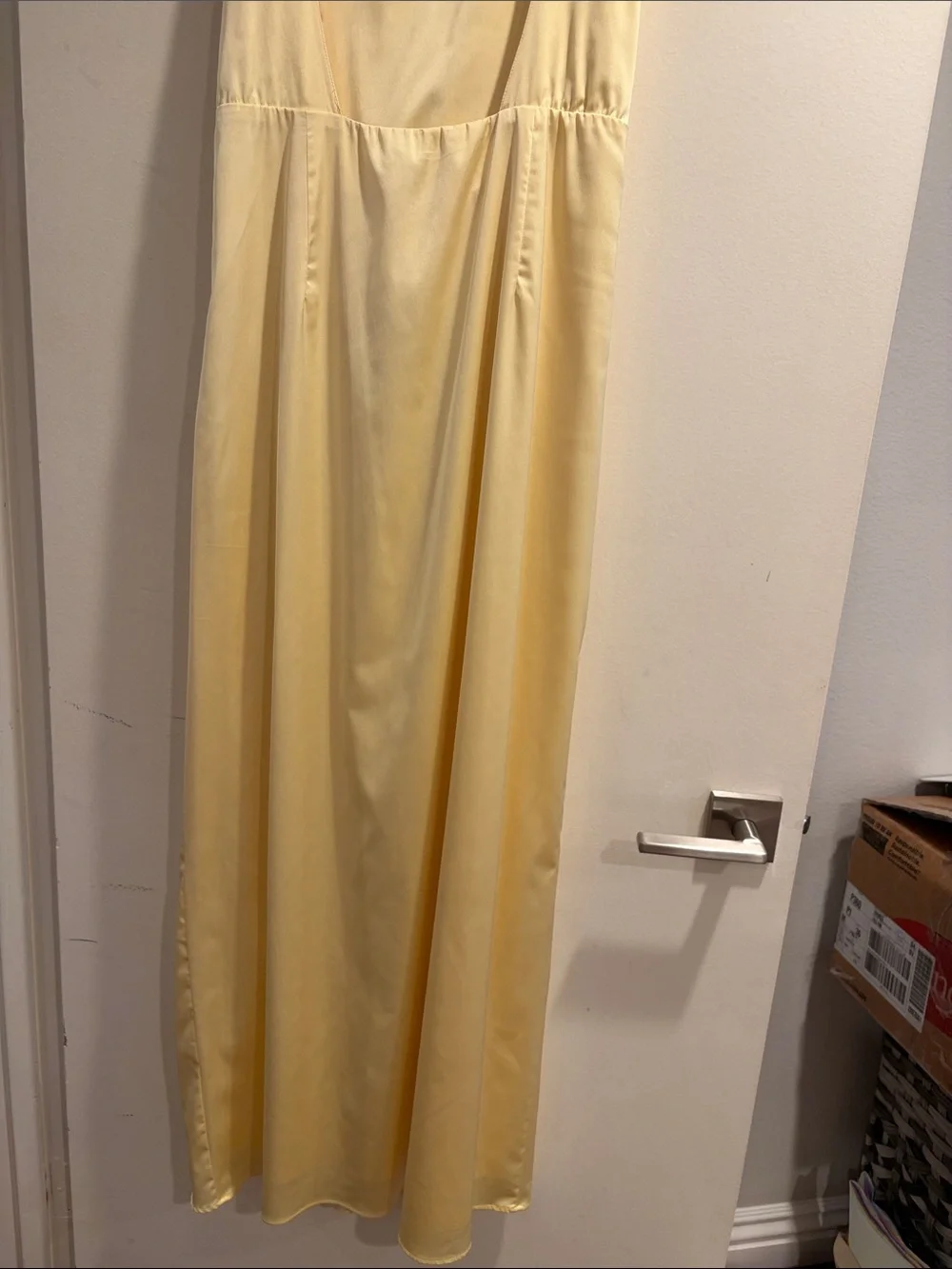 Abercrombie & Fitch Pale Yellow Satin Maxi Dress with Side Slit